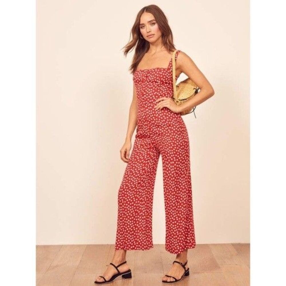 Reformation Della Jumpsuit Size 6 Red White Floral Print Button